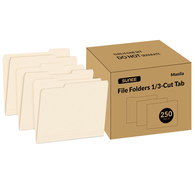SUNEE File Folders Letter Size, 250 Pack Manilla Folders 8.5 x 11 1/3-Cut Tabs, Colored File Folders Office Home School for Documents Files Paper - Image 1